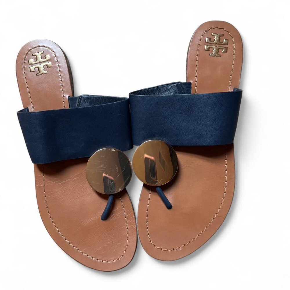 Navy blue Tory Burch sandals with gold buckle detailing